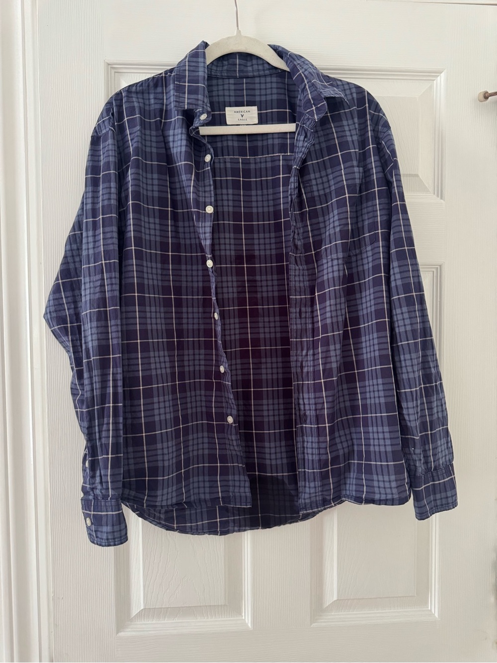 TWO American Eagle button down shirts plaid green and plaid blue